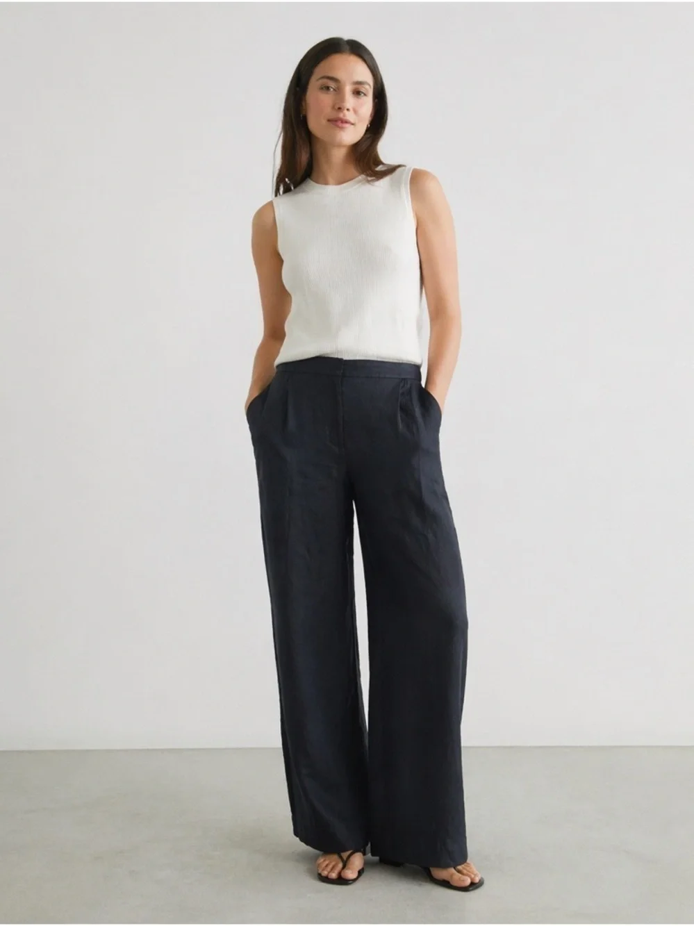 COS Linen Navy Stretch Trouser Relaxed Wide Leg